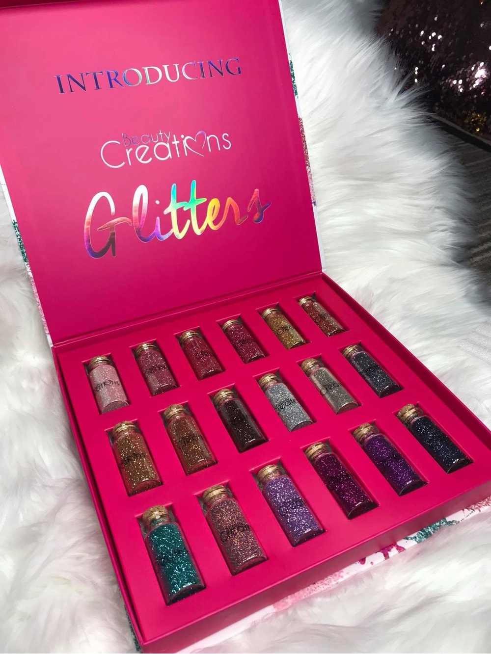 Beauty Creations Glitter Collection - Pink Display with Multicolor Jars